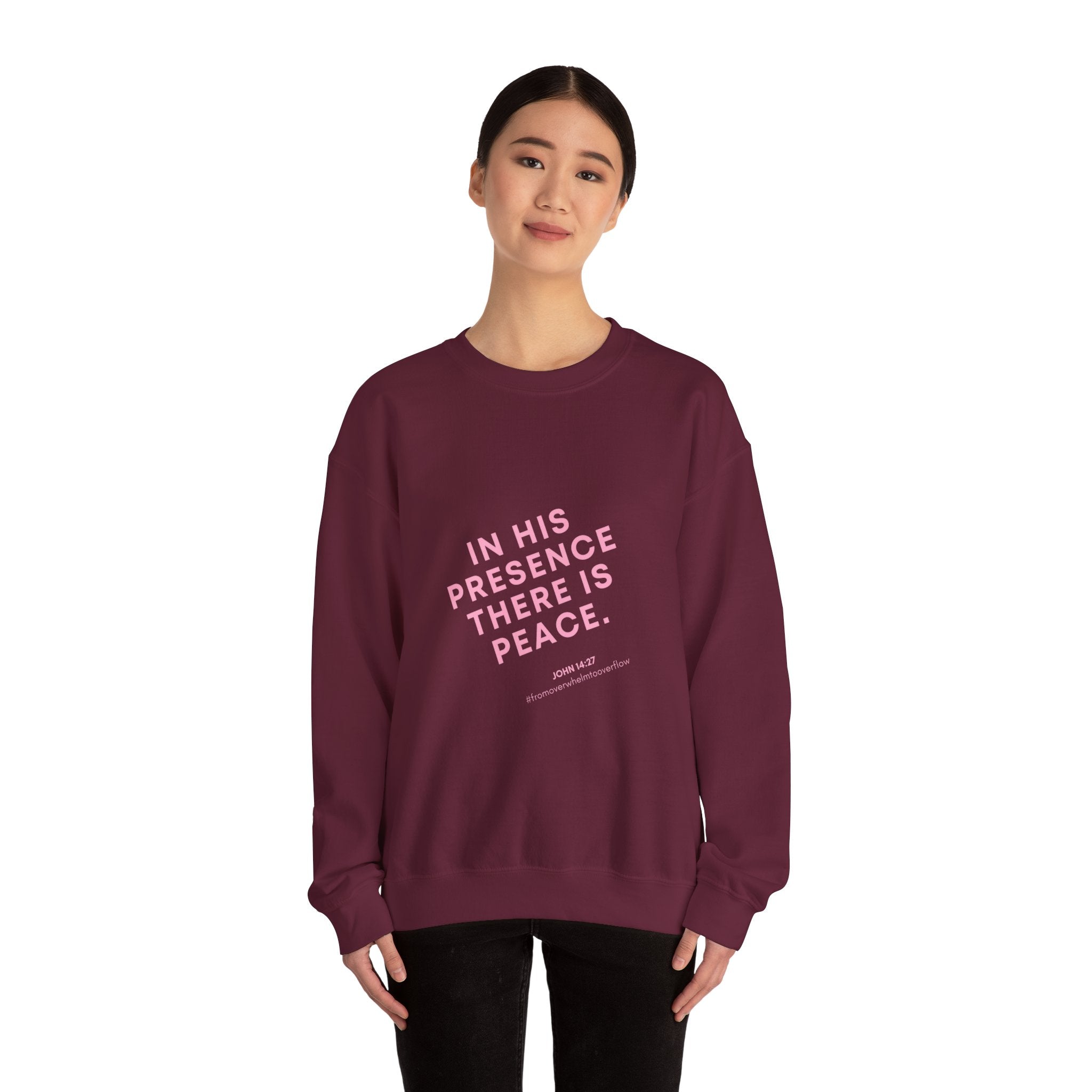 Crewneck Sweatshirt – “In His Presence There Is Peace” Pastel Pink Faith Graphic