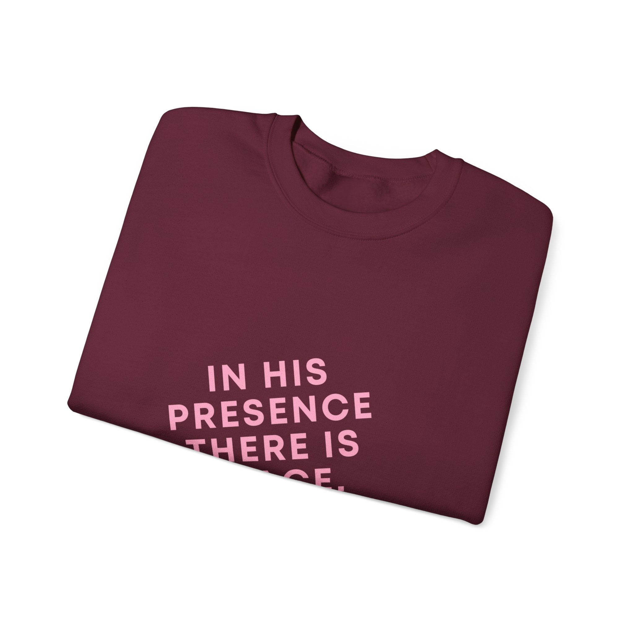 Crewneck Sweatshirt – “In His Presence There Is Peace” Pastel Pink Faith Graphic